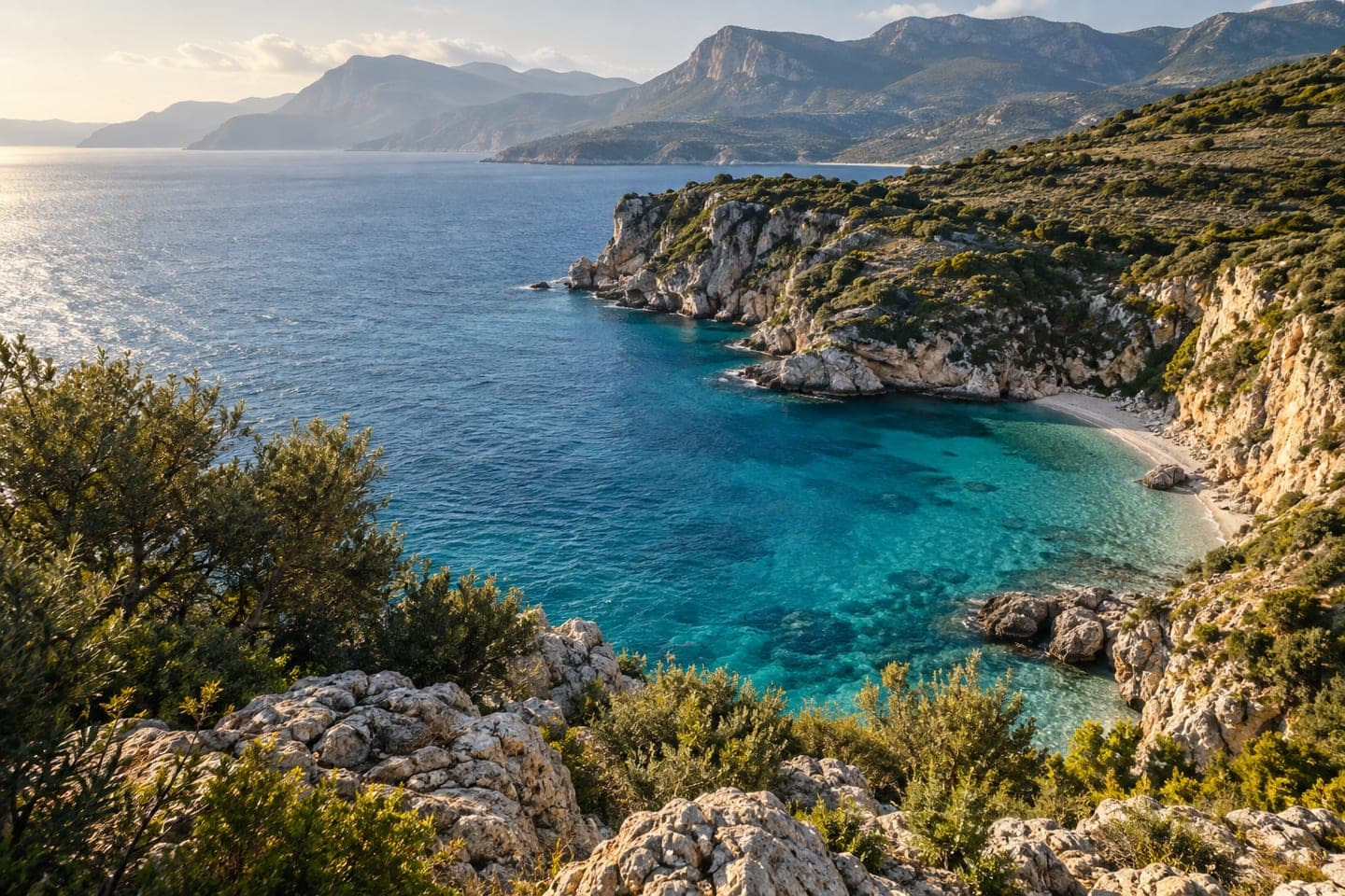 AI-generated illustration of a sunlit cove on the Albanian Riviera